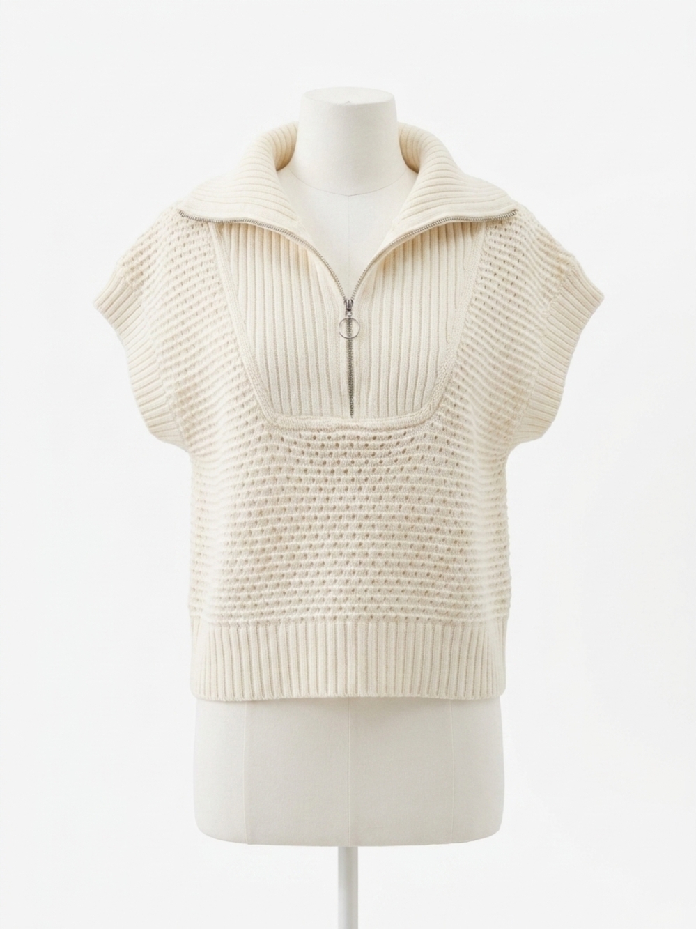 NEW ENTRO high neck half-zip sweater top in off-white